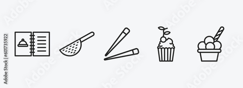 bistro and restaurant outline icons set. bistro and restaurant icons such as open menu, strainer with handle, chopsticks, cupcake with cherry, ice cream cup vector. can be used web and mobile.