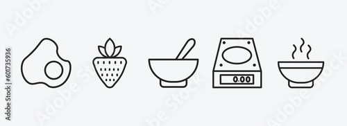 bistro and restaurant outline icons set. bistro and restaurant icons such as restaurant fried egg, strawberry drawing, appetizers bowl, electric weight scale, hot soup vector. can be used web and