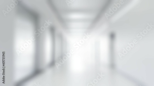 Blurred background of empty corridor in modern office building,hospital with white walls and white floor. 3D rendering.