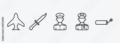 army and war outline icons set. army and war icons such as airplane, knife, officer, general, explosive vector. can be used web and mobile.