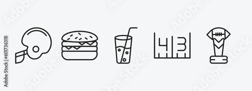 american football outline icons set. american football icons such as football helmet, hamburger, soda glass with a straw, yard marking, trophy vector. can be used web and mobile.