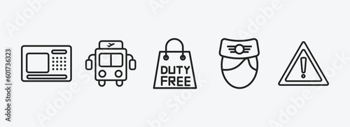 airport terminal outline icons set. airport terminal icons such as airport atm, bus, duty free bag, stewardress head, danger sing vector. can be used web and mobile.