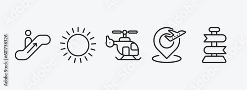 airport terminal outline icons set. airport terminal icons such as or up, sunny day, helicopter flying, airport placeholder, direction post vector. can be used web and mobile.