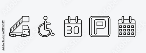 airport terminal outline icons set. airport terminal icons such as gangway truck, disable, calendar day thirty, parking square, week calendar vector. can be used web and mobile.