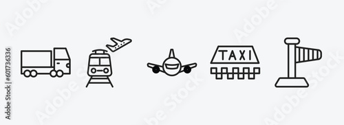airport terminal outline icons set. airport terminal icons such as trailer truck, train to the airport, plane front view, taxi, right wing vector. can be used web and mobile.