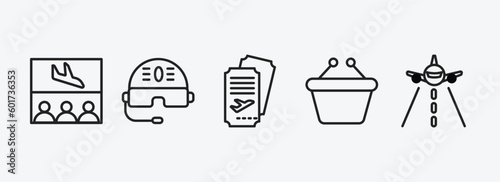 airport terminal outline icons set. airport terminal icons such as waiting for flight, pilot helmet, two plane tickets, duty free basket, landing runway vector. can be used web and mobile.