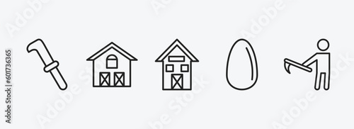 agriculture farming outline icons set. agriculture farming icons such as billhook, farm house, shed, egg, farmer hoeing vector. can be used web and mobile.