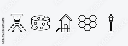 agriculture farming outline icons set. agriculture farming icons such as sprinkler, cheese, chicken coop, honeycomb, lamppost vector. can be used web and mobile.