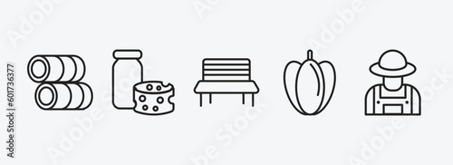 agriculture farming outline icons set. agriculture farming icons such as hay roll, milk products, garden bench, capsicum, farmer vector. can be used web and mobile.