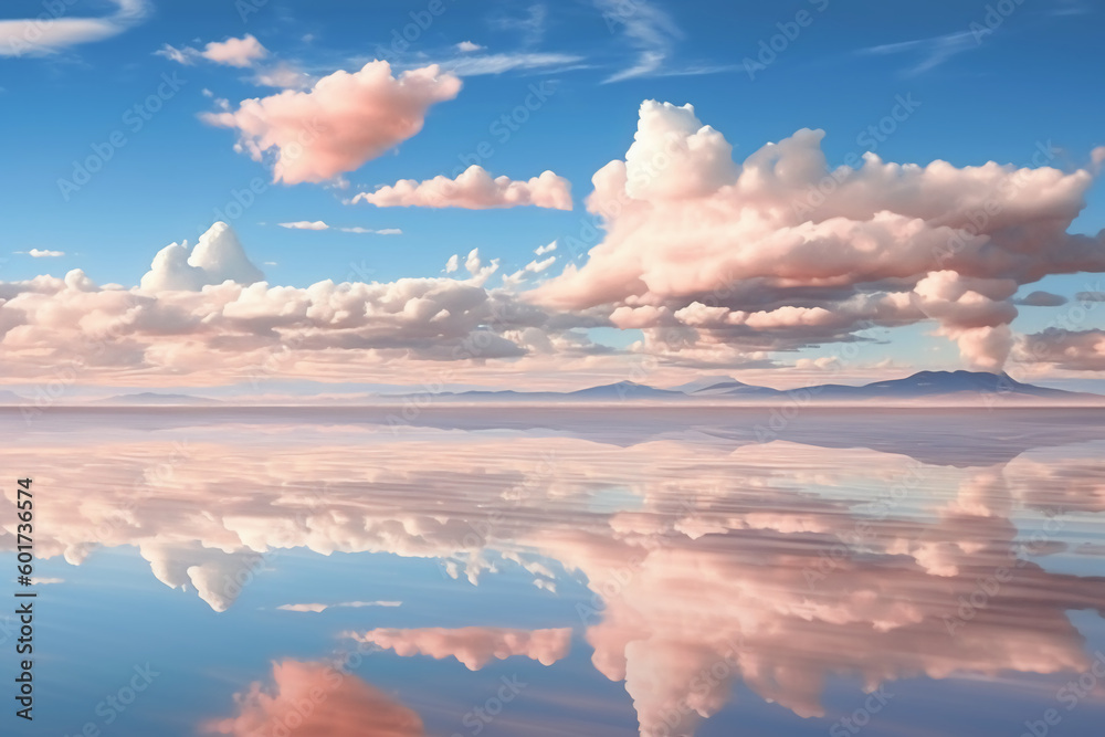 Salar de Uyuni, reflection water, sky. AI generative