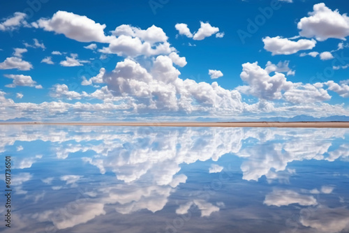 Salar de Uyuni, reflection water, sky. AI generative