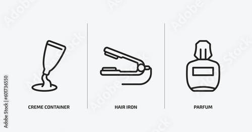 woman clothing outline icons set. woman clothing icons such as creme container black, hair iron, parfum vector. can be used web and mobile.