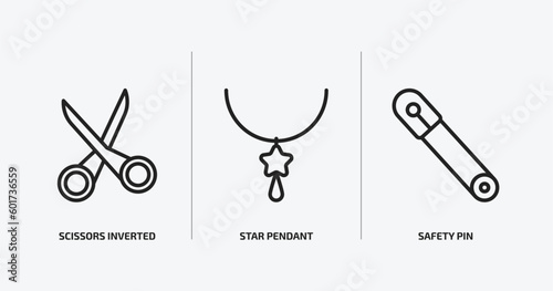 woman clothing outline icons set. woman clothing icons such as scissors inverted view, star pendant, safety pin vector. can be used web and mobile.
