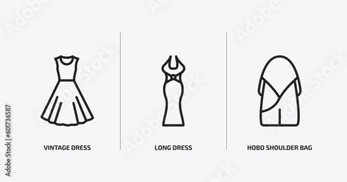 woman clothing outline icons set. woman clothing icons such as vintage dress, long dress, hobo shoulder bag vector. can be used web and mobile.