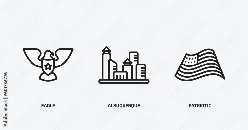 Obraz premium united states of america outline icons set. united states of america icons such as eagle, albuquerque, patriotic vector. can be used web and mobile.