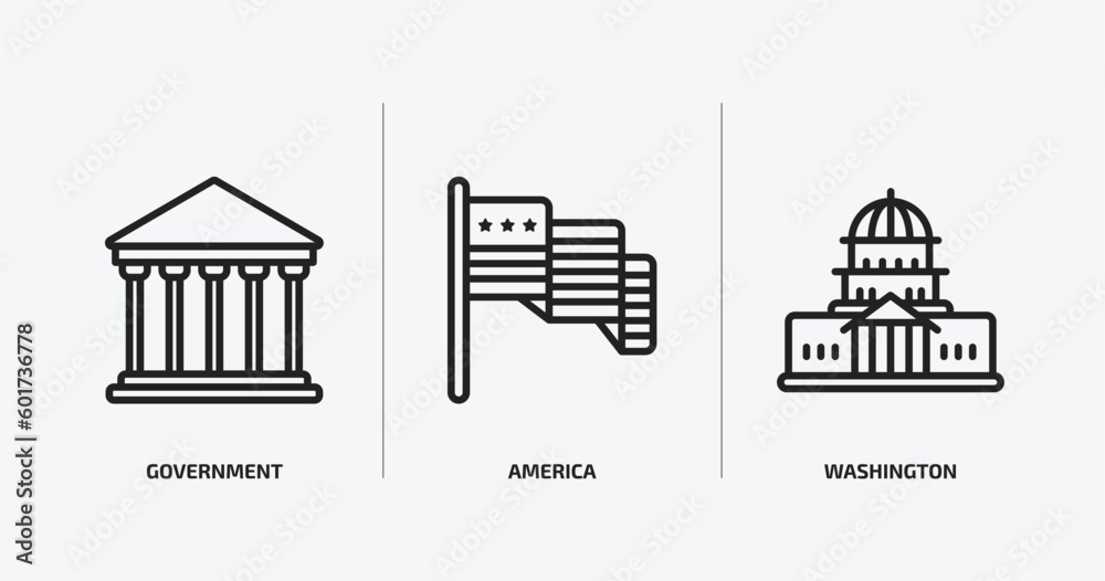 united states of america outline icons set. united states of america icons such as government, america, washington vector. can be used web and mobile.