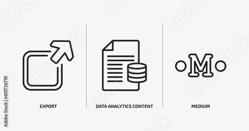 user interface outline icons set. user interface icons such as export, data analytics content, medium vector. can be used web and mobile.