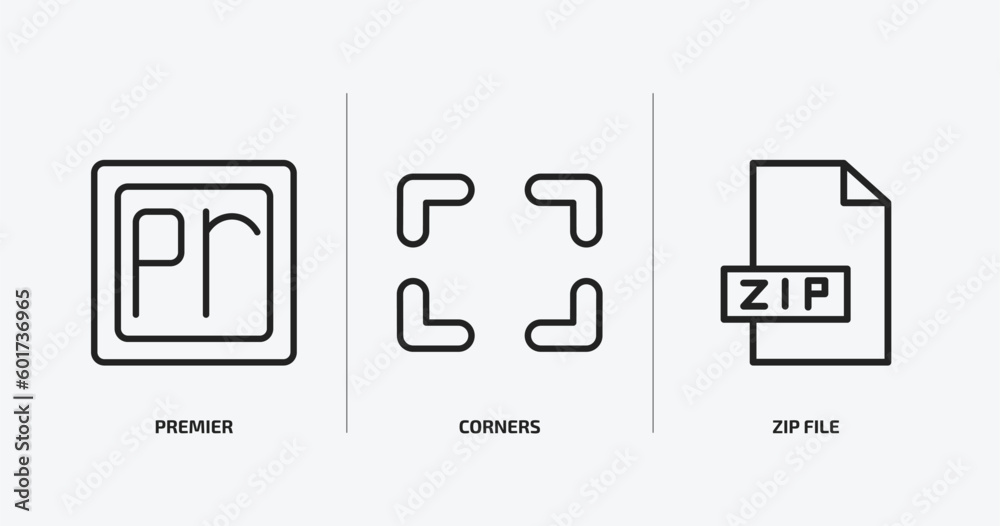 user interface outline icons set. user interface icons such as premier, corners, zip file vector. can be used web and mobile. user interface outline icons set. user interface icons such as premier, corners, zip file vector. can be used web and mobile.