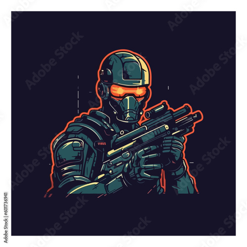 robot man with machine gun in hand. Technology Robot  . flat color logo © Rapit