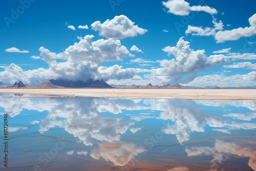 Salar de Uyuni, reflection water, sky. AI generative