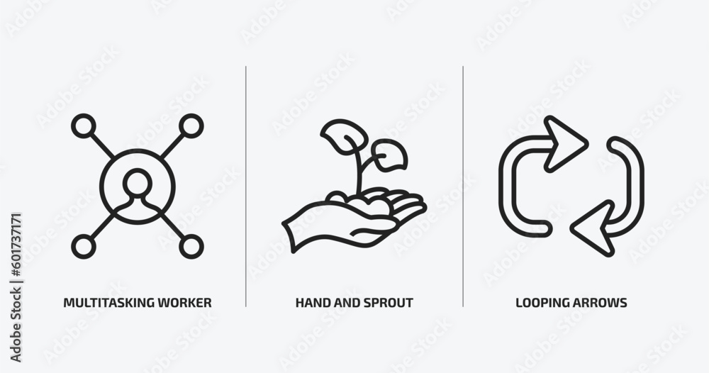 user interface outline icons set. user interface icons such as multitasking worker, hand and sprout, looping arrows vector. can be used web and mobile.