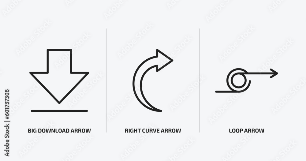 user interface outline icons set. user interface icons such as big download arrow, right curve arrow, loop arrow vector. can be used web and mobile.