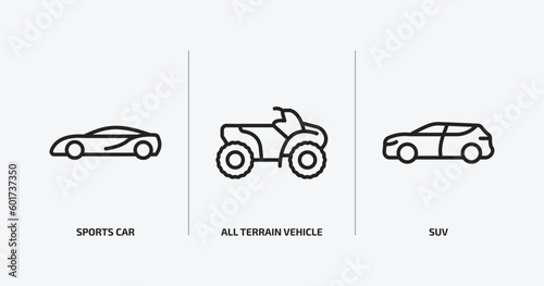transportation outline icons set. transportation icons such as sports car, all terrain vehicle, suv vector. can be used web and mobile.