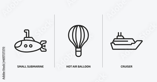 transportation outline icons set. transportation icons such as small submarine, hot air balloon, cruiser vector. can be used web and mobile.
