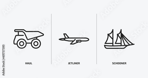 transportation outline icons set. transportation icons such as haul, jetliner, schooner vector. can be used web and mobile.