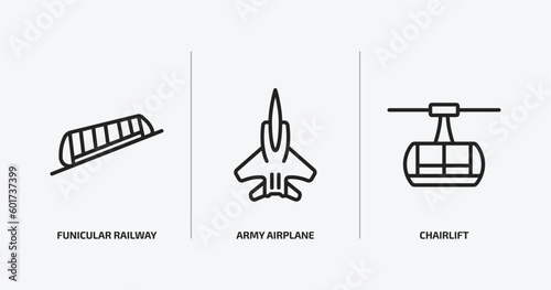 transportation outline icons set. transportation icons such as funicular railway, army airplane, chairlift vector. can be used web and mobile.