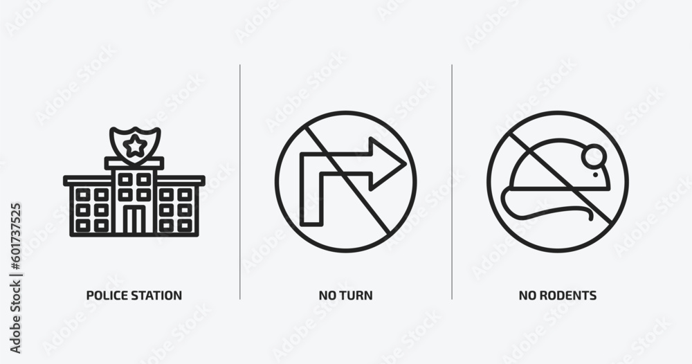 traffic signs outline icons set. traffic signs icons such as police station, no turn, no rodents vector. can be used web and mobile. traffic signs outline icons set. traffic signs icons such as police station, no turn, no rodents vector. can be used web and mobile.