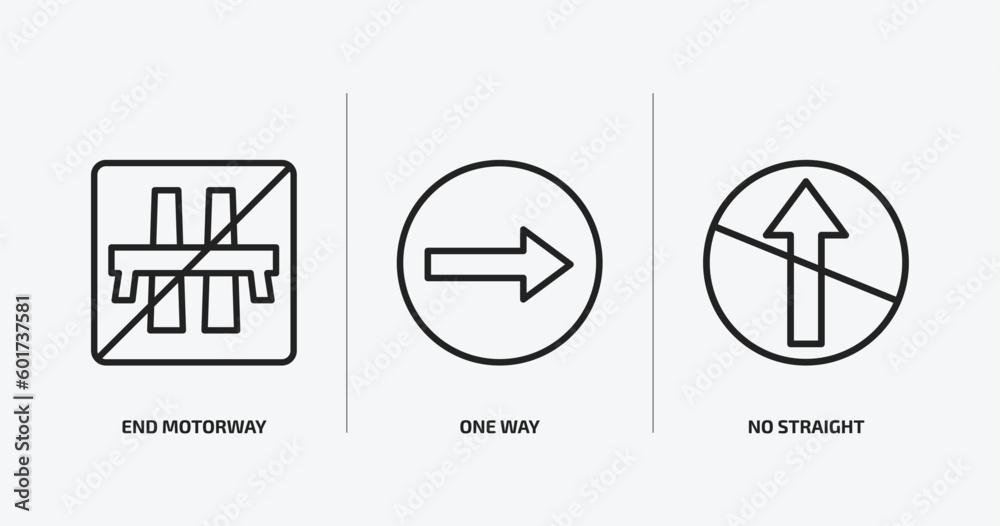 traffic signs outline icons set. traffic signs icons such as end motorway, one way, no straight vector. can be used web and mobile.