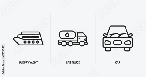 transportation outline icons set. transportation icons such as luxury yacht, gas truck, car vector. can be used web and mobile.