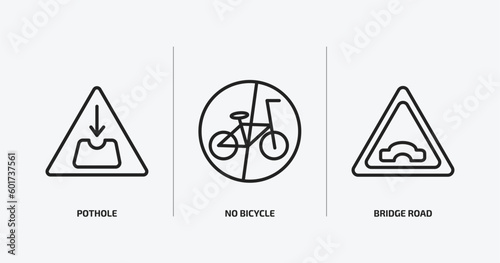 traffic signs outline icons set. traffic signs icons such as pothole, no bicycle, bridge road vector. can be used web and mobile.