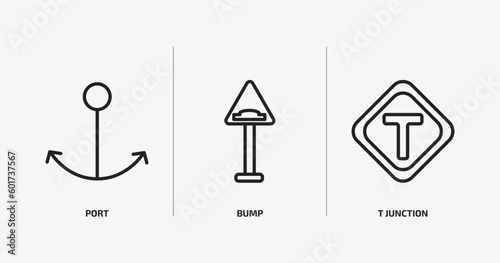 traffic signs outline icons set. traffic signs icons such as port, bump, t junction vector. can be used web and mobile.