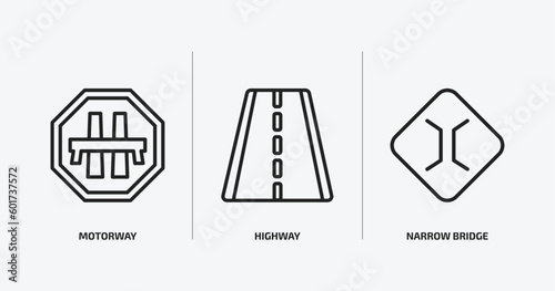 traffic signs outline icons set. traffic signs icons such as motorway, highway, narrow bridge vector. can be used web and mobile.