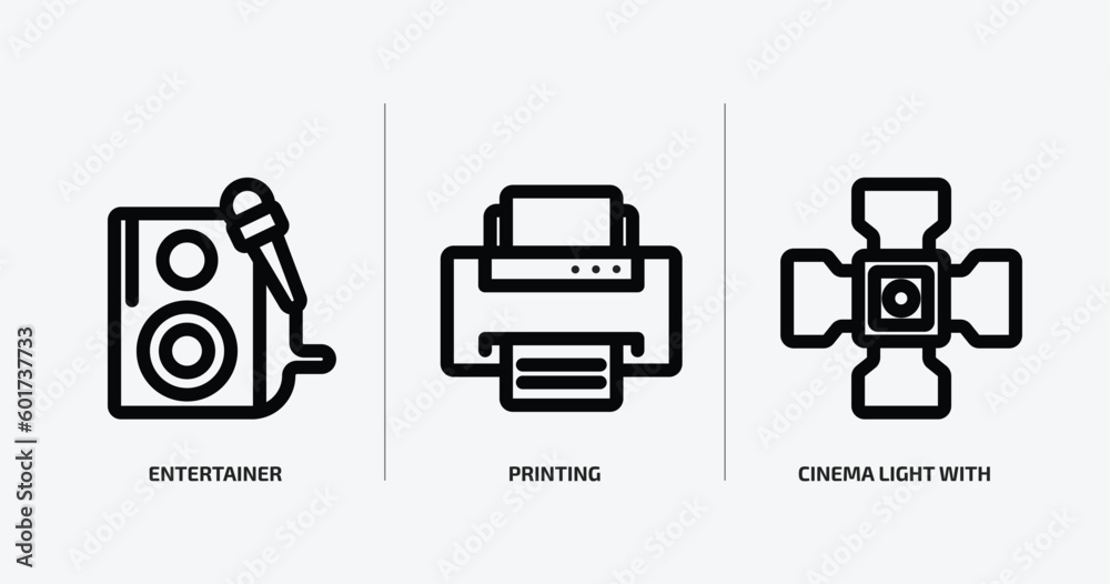 technology outline icons set. technology icons such as entertainer, printing, cinema light with cable vector. can be used web and mobile.