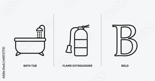 tools and utensils outline icons set. tools and utensils icons such as bath tub, flame extinguisher, bold vector. can be used web and mobile.