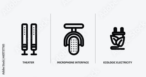 technology outline icons set. technology icons such as theater, microphone interface, ecologic electricity vector. can be used web and mobile.