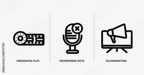 technology outline icons set. technology icons such as horizontal film strip, microphone mute, telemarketing vector. can be used web and mobile.