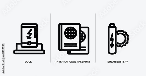 technology outline icons set. technology icons such as dock, international passport, solar battery vector. can be used web and mobile.
