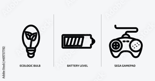 technology outline icons set. technology icons such as ecologic bulb, battery level, sega gamepad vector. can be used web and mobile.