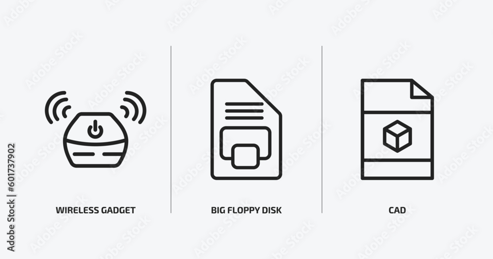 technology outline icons set. technology icons such as wireless gadget, big floppy disk, cad vector. can be used web and mobile. technology outline icons set. technology icons such as wireless gadget, big floppy disk, cad vector. can be used web and mobile.