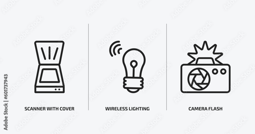 technology outline icons set. technology icons such as scanner with cover, wireless lighting, camera flash vector. can be used web and mobile. technology outline icons set. technology icons such as scanner with cover, wireless lighting, camera flash vector. can be used web and mobile.