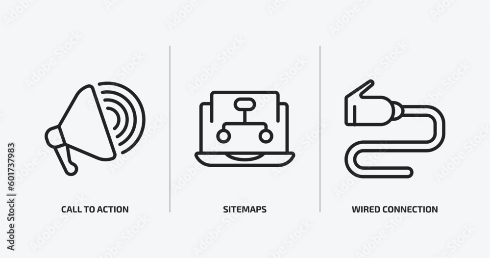 technology outline icons set. technology icons such as call to action, sitemaps, wired connection vector. can be used web and mobile. - obrazy, fototapety, plakaty 