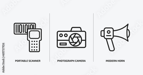 technology outline icons set. technology icons such as portable scanner, photograph camera, modern horn vector. can be used web and mobile.