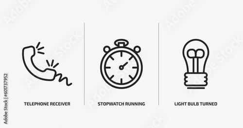 technology outline icons set. technology icons such as telephone receiver, stopwatch running, light bulb turned off vector. can be used web and mobile.