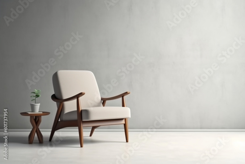 Modern minimalist interior with an armchair on empty white color wall background. AI generative