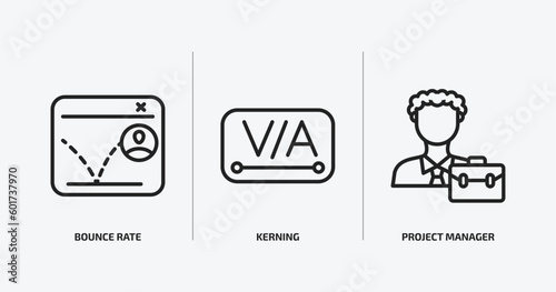 technology outline icons set. technology icons such as bounce rate, kerning, project manager vector. can be used web and mobile.