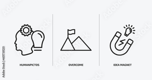 startup stategy and outline icons set. startup stategy and icons such as humanpictos, overcome, idea magnet vector. can be used web and mobile.
